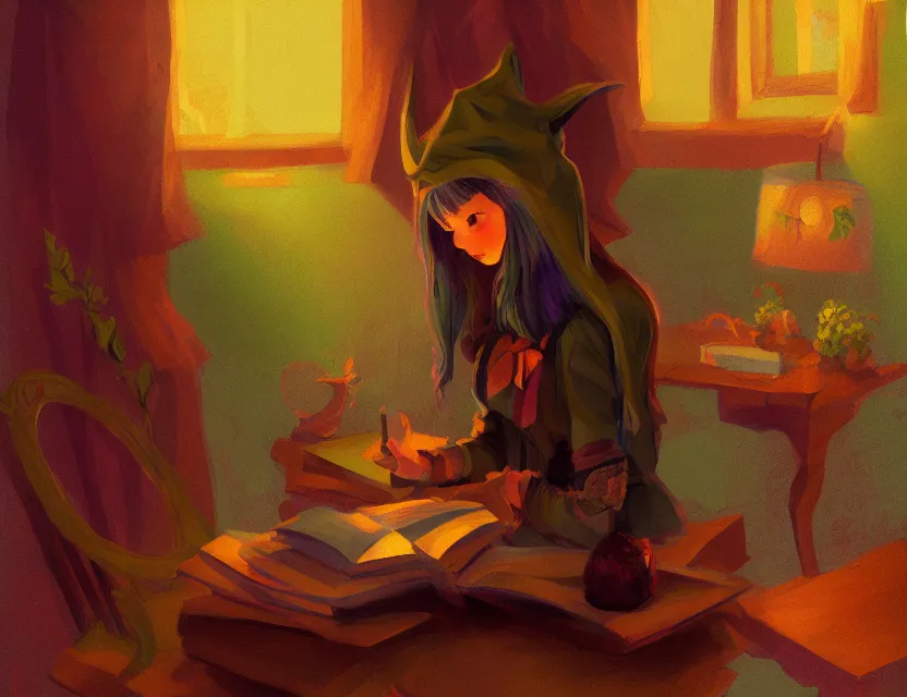 Prompt: anthro witch girl in a cozy study. complementary colors, oil painting, indie concept art, bloom, chiaroscuro, backlighting, intricate details.