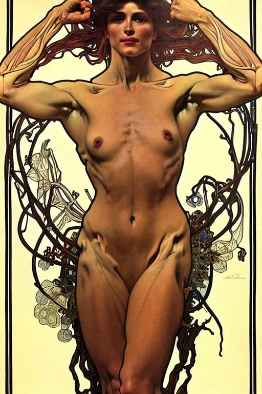 Image similar to anatomically accurate model of the full human muscular system infected by night, full body, intricate parts, fine details, hyper - realistic, elegant. by seichen, alphonse mucha, surreal