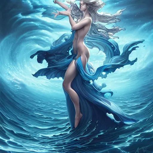 Image similar to powerful goddess of water fully clothed in a dress of swirling water striding through a stormy sea, highly detailed matte fantasy painting, stormy lighting, by Ross Tran and Artgerm and Peter Mohrbacher