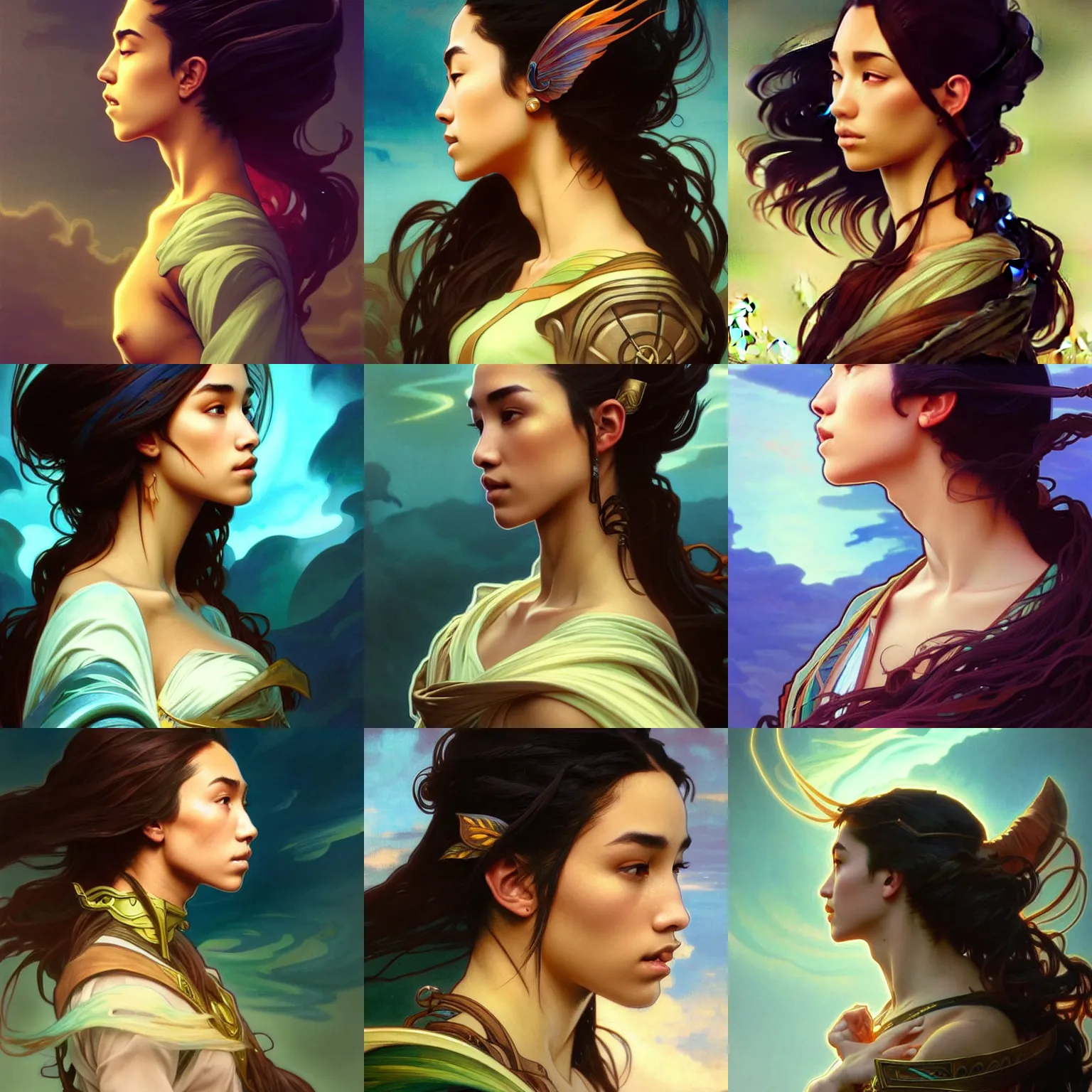 Prompt: side profile centered painted portrait, Adrianne Ho as a wind sorcerer, D&D, cell-shaded, matte painting concept art, bright backlit, official fanart, 4k, Pinterest, by Alphonse Mucha - H 704