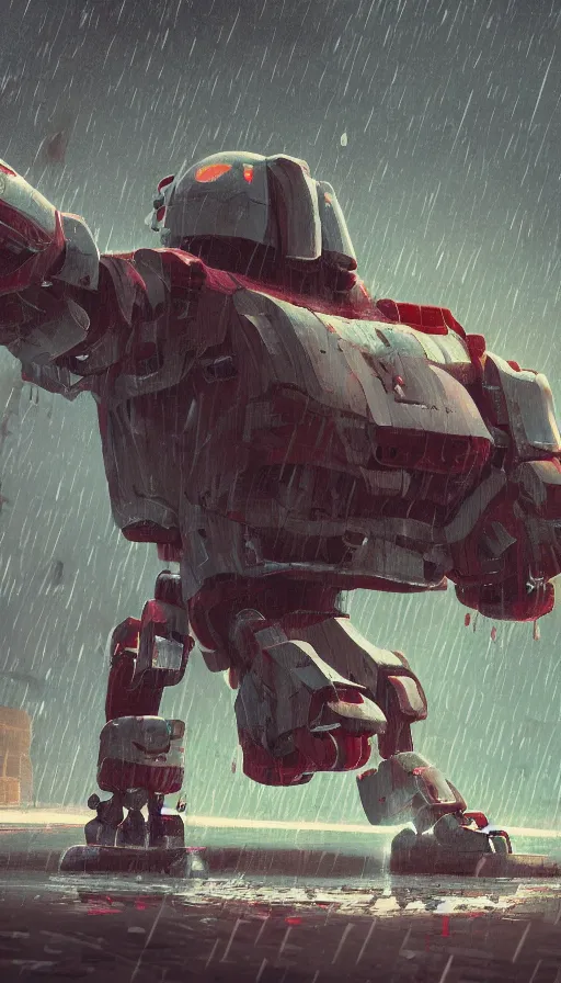 Image similar to a giant broken robot cooling down in rain, water droplets, rustic, dormant, nearby, sharp focus, james gilleard, cinematic, game art, extremely detailed digital painting, print