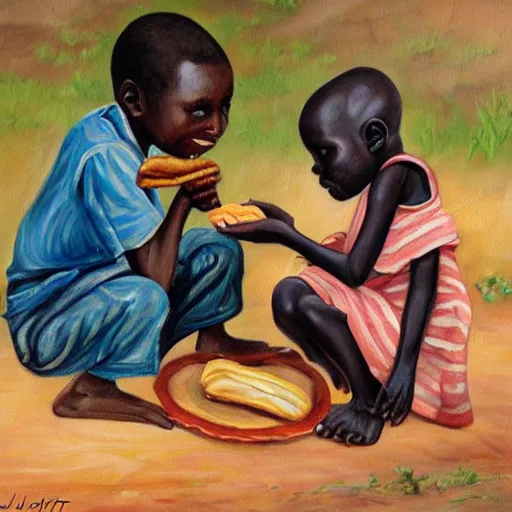 Image similar to oil painting of a malnourished ugandan boy sharing bread with a blond well fed child american, by julia pott