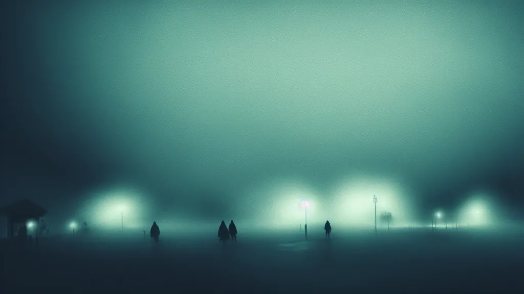 Image similar to the crowd flees the village, fog, volumetric lighting, mystique, atmospheric, blue and yellow, sharp focus, ultra detailed, noir art house, 4 k, cinematic, 3 5 mm