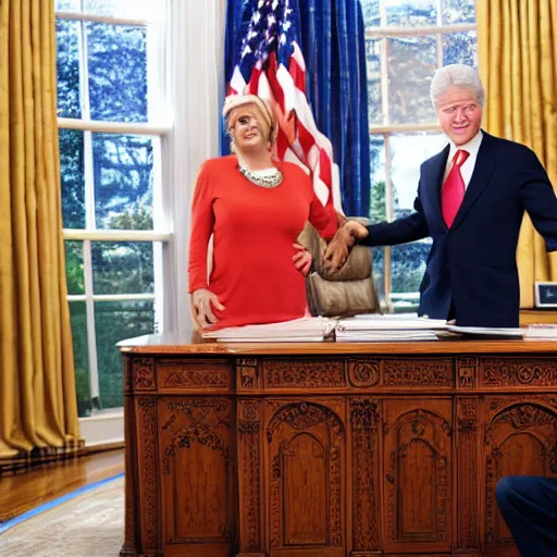 Prompt: Bill Clinton with Jimmy's Mom from Jimmy Neutron stand together in the oval office, Realistic, Hyperrealistic, 4k Resolution, 8k Resolution, HD Quality, Detailed, Very Detailed, Hyperdetailed, Highly Detailed, Studio Quality Lighting