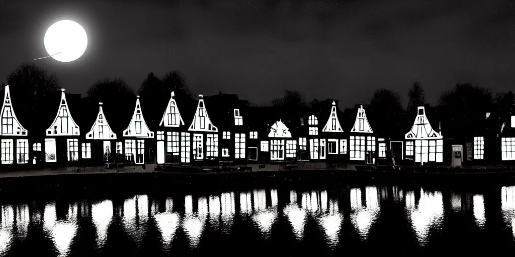 Image similar to Dutch houses along a river, silhouette!!!, Circular white full moon, black sky with stars, lit windows, stars in the sky, b&w!, Reflections on the river, a man is punting, flat!!, Front profile!!!!, (high contrast), HDR, soft!!, street lanterns, 1904, illustration, shadowy figures