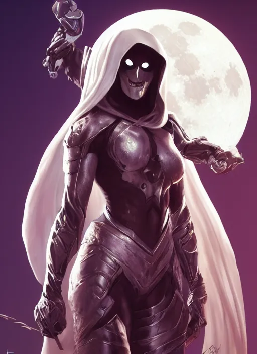 Image similar to female moon knight, hyper detailed, digital art, trending in artstation, cinematic lighting, studio quality, smooth render, unreal engine 5 rendered, octane rendered, art style by ian sprigger