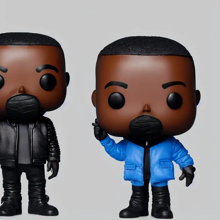 Image similar to a funko pop of kanye west using a full face covering black mask, a small, tight, undersized reflective bright blue round puffer jacket made of nylon, dark jeans pants and big black balenciaga rubber boots, figurine, detailed product photo