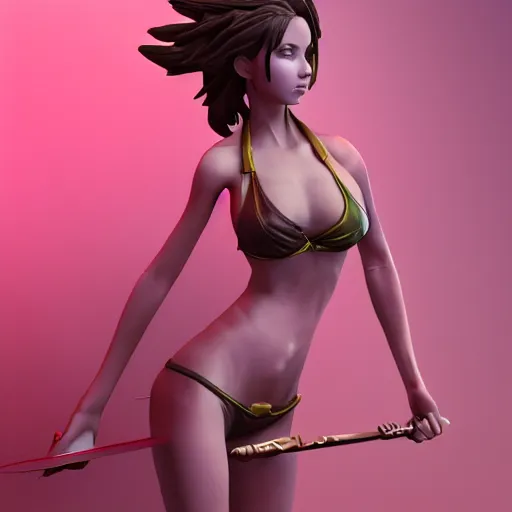 Image similar to highly detailedf figurine, beautiful young woman, slim waist, big bumm, with a sword in her right hand, martial art pose, octane render, bikini, volumetric lights, dramatic, highly detailed, messy, hair