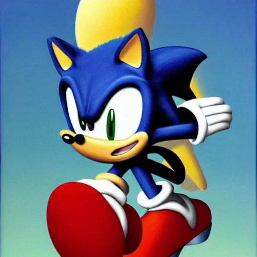 Image similar to sonic the hedgehog, painted by rene magritte, highly detailed