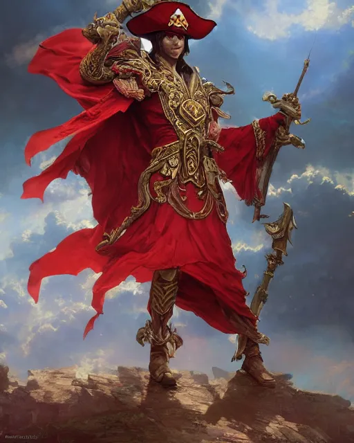 Image similar to A Full View of a Red Mage wearing magical ornate armor and a pirate hat surrounded by an epic cloudscape. Magus. Red Wizard. masterpiece 4k digital illustration by Ruan Jia and Mandy Jurgens and Artgerm and greg rutkowski and Alexander Tsaruk and WLOP and Range Murata, award winning, Artstation, art nouveau aesthetic, Alphonse Mucha background, intricate details, realistic, panoramic view, Hyperdetailed, 8k resolution, intricate art nouveau