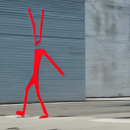 Prompt: a contemporary art sculpture of a tall man running with long arm, metal, paint, dirty, exterior, bright 8 k