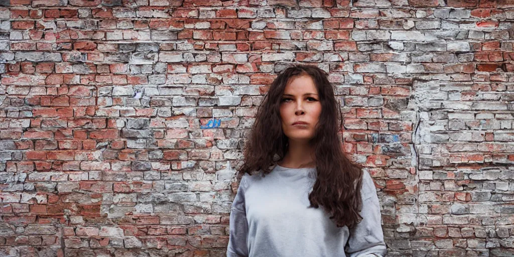 Prompt: portrait of woman on brick wall graffiti, Denning, Guy