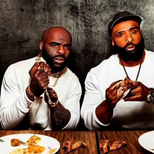 Prompt: photo of rappers future and kaaris eating chicken from sevran