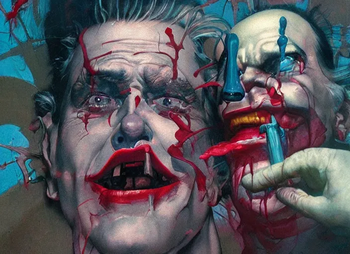 Prompt: a still from the movie joker by of francis bacon, surreal forest, norman rockwell and james jean, greg hildebrandt, and mark brooks, triadic color scheme, by greg rutkowski, in the style of francis bacon and syd mead and edward hopper and norman rockwell and beksinski, dark surrealism, open ceiling