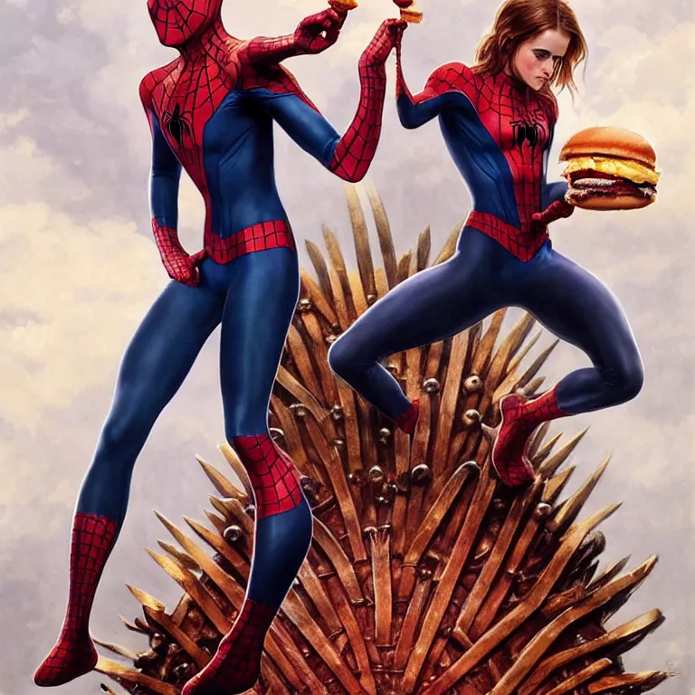 Prompt: emma watson in a spiderman suit sitting on the iron throne, eating a hamburger, gentle expression, elegant clothing, photorealistic, highly detailed, artstation, smooth, sharp focus, art by michael whelan, artgerm, greg rutkowski and alphonse mucha