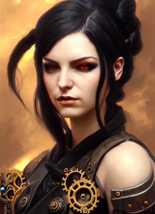 Image similar to a _ fantasy _ style _ portrait _ painting _ of steampunk woman, ponytail black hair, round face, rpg dnd oil _ painting _ unreal _ 5 _ daz. _ rpg _ portrait _ extremely _ detailed _ artgerm _ greg _ rutkowski _ greg