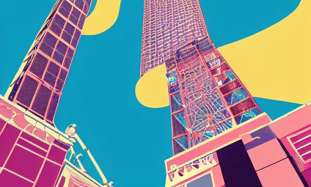 Prompt: Japan Tsutenkaku Tower, a poster design for a contemporary graphic design exhibition, by Wes Anderson, KAWS, open negative space, clean color and neon fluorescent airbrush accents graphic design volumetric octane render