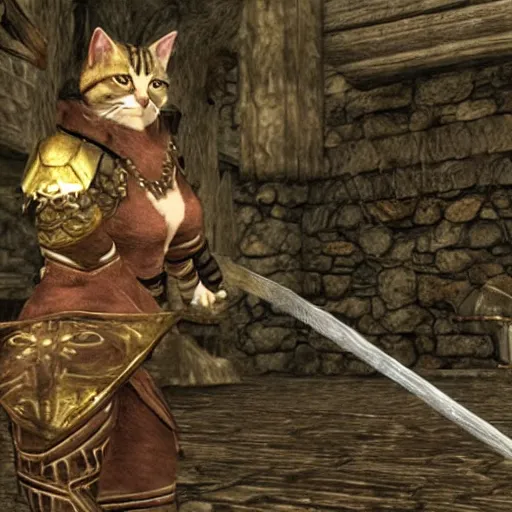 Prompt: a cat warrior in skyrim