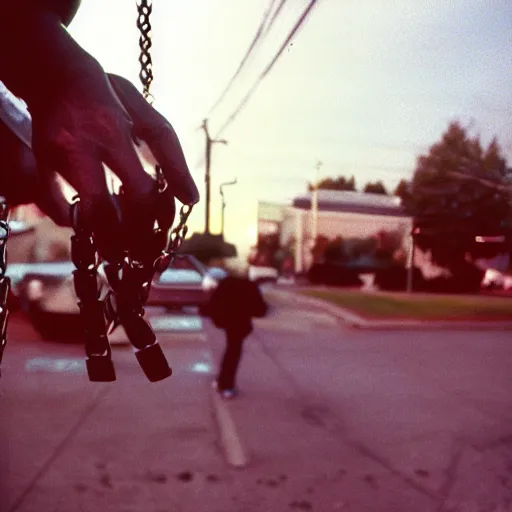 Image similar to 1 9 9 3, disposable camera, flash, suburbia street, cenobites walking, chains, leather, nails