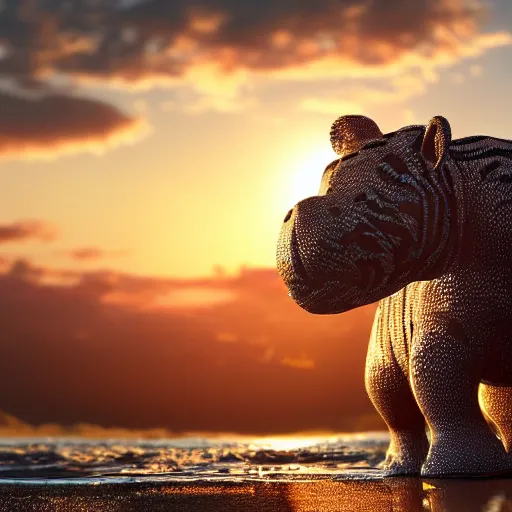 Image similar to a closeup photorealistic photograph of a cute smiling knitted tiger hippopotamus chasing a beachball at sunset. surf in the background. professional capture. this 4 k hd image is trending on artstation, featured on behance, well - rendered, extra crisp, features intricate detail, epic composition and the style of unreal engine.