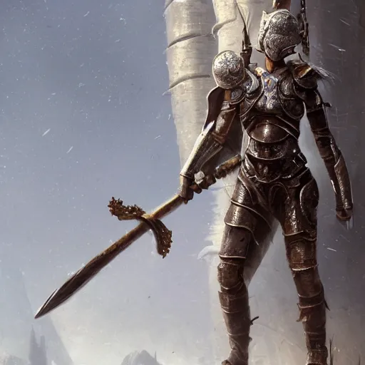 Prompt: an woman wearing metal scrap armor and an helmet holding an axe, Matte painting , detailed painting, made by Greg Rutkowski, 4k, atmospheric