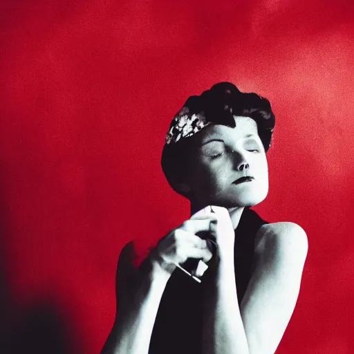 Prompt: a black and white photograph of a woman smoking wearing a red party dress, red color splash, 3 5 mm