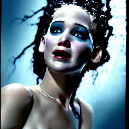 Prompt: jennifer lawrence as the bride of frankenstein, color photography, sharp detail, clever smile, still from the movie van helsing