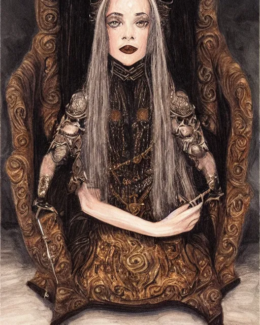 Image similar to an illustration of a queen with fair skin and dark stylises hair on a throne at night by tolkien, realistic, detailed, oil painting