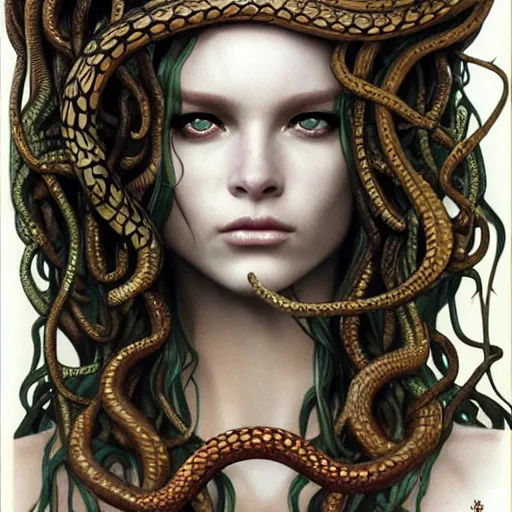 Image similar to head and shoulders vogue fashion photo of medusa with different species of snakes for her hair, d & d, fantasy, d & d, fantasy, luis royo, magali villeneuve, donato giancola, wlop, krenz cushart
