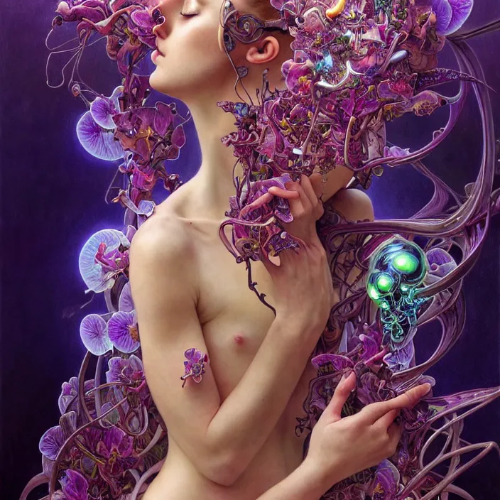 Prompt: psychedelic organic cyborg, saturated orchid, dew drops, diffuse lighting, fantasy, intricate, elegant, highly detailed, lifelike, photorealistic, digital painting, artstation, illustration, concept art, smooth, sharp focus, art by John Collier and Albert Aublet and Krenz Cushart and Artem Demura and Alphonse Mucha