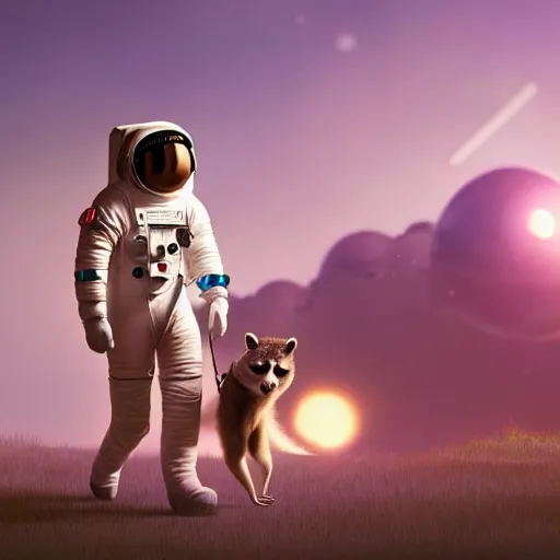 Prompt: an astronaut walking a racoon on a leash in a suburban neighbourhood, artstation, 4 k, epic composition, realistic, cgsociety