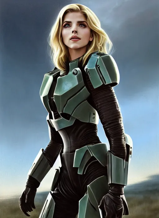 Image similar to portrait of a combination of Ashley Greene, Katheryn Winnick, Victoria Justice and Adriana Dxim, Grace Kelly, Emma Watson and Lily Collins with blonde hair wearing Forerunner Armor from Halo, countryside, calm, fantasy character portrait, dynamic pose, above view, sunny day, thunder clouds in the sky, artwork by Jeremy Lipkin and Giuseppe Dangelico Pino and Michael Garmash and Rob Rey and Greg Manchess and Huang Guangjian, very coherent asymmetrical artwork, sharp edges, perfect face, simple form, 100mm