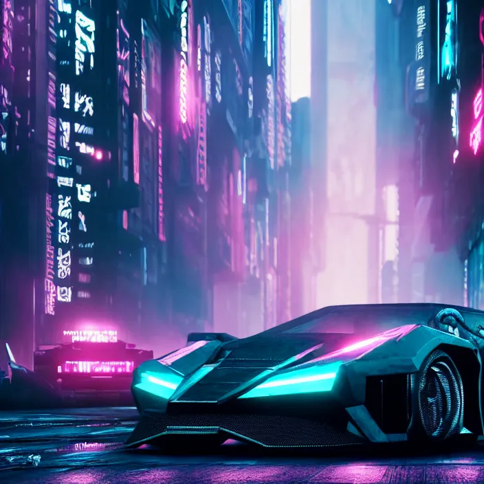 Prompt: cyberpunk car lamborgini counatch on the background of drak dirty style cyberpunk city like in blade runner film just in the syle by nicholas hiattcinematic with cinematic lighting, raytracing, 8 k, made in octane render, volumetric, vivid, beautiful art, hyperrealism