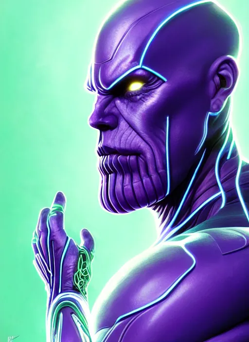 Prompt: portrait of thanos cyber humanoid, intricate, elegant, cyber neon lights, highly detailed, digital painting, artstation, glamor pose, concept art, smooth, sharp focus, illustration, art by artgerm and greg rutkowski