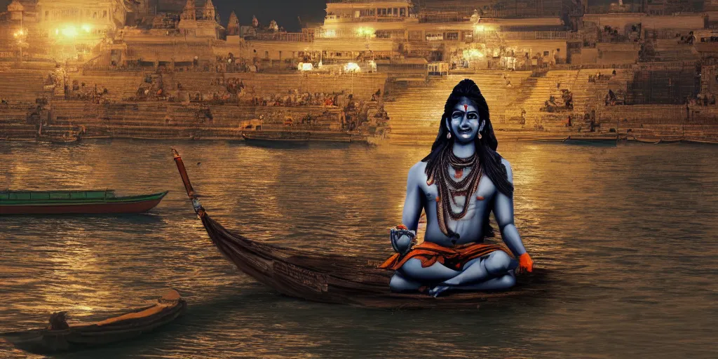 Image similar to Portrait of Lord shiva sitting at Ganga ghat, Varanasi, night time, extremely detailed, 4k, matte painting, cinematic