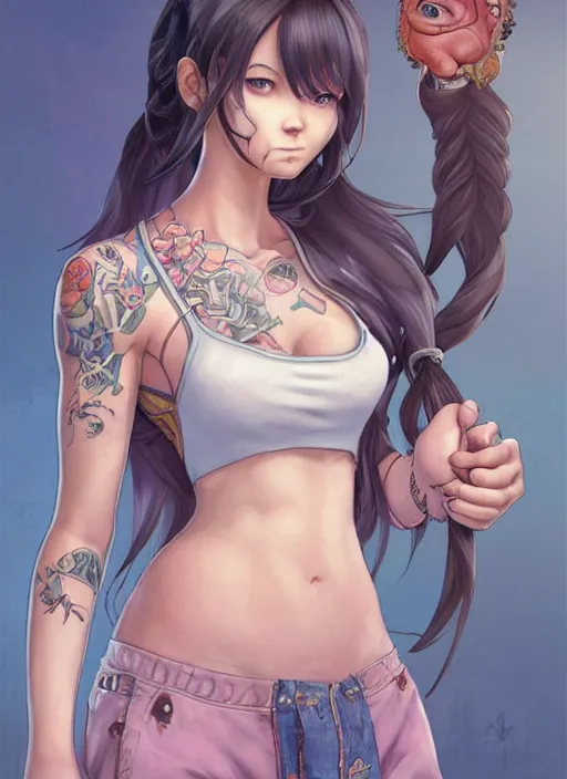 Prompt: character portrait of a female anthro pig with a pigtail and a cute beautiful attractive detailed female pig face wearing a tanktop and slacks standing outside a city tattoo parlor with arm tattoos. Character design by charlie bowater, ross tran, artgerm, and makoto shinkai, detailed, inked, western comic book art