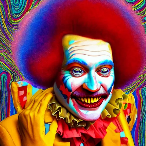 Image similar to An extremely psychedelic portrait of Ronald McDonald, surreal, LSD, face, detailed, intricate, elegant, lithe, highly detailed, digital painting, artstation, concept art, smooth, sharp focus, illustration