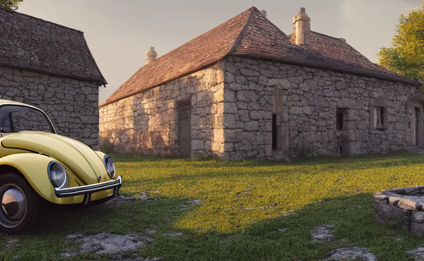 Image similar to a vw beetle parked near a small medieval stone house at sunrise, concept art, octane render, unreal engine 5, trending on artstation, high quality, 8 k, soft lighting, path traced, hyperrealistic, highly detailed, digital art, symmetrical, cinematic, high coherence, godrays