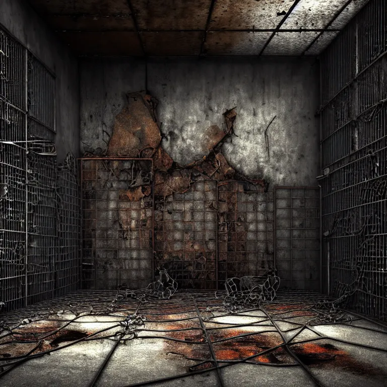 Image similar to An underground very dark gloomy multi-layered structure of rusty thick iron grates, dense chain-link fencing and peeling walls. Ugly human with long limbs sits on the floor. Inside view, collapsed floors, bent rusted iron, masterpiece, black background, corners, cinematic, hyperdetailed, photorealistic, hyperrealism, octane render, 8k, depth of field, bokeh, architecture, shadows, art by Zdzisław Beksiński, Arthur Rackham, Dariusz Zawadzki