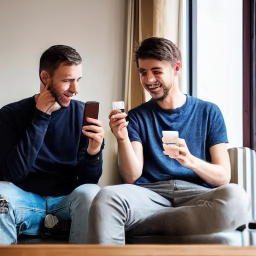 Prompt: two guys sitting in a berlin apartment looking at their phones both with caps drinking beer