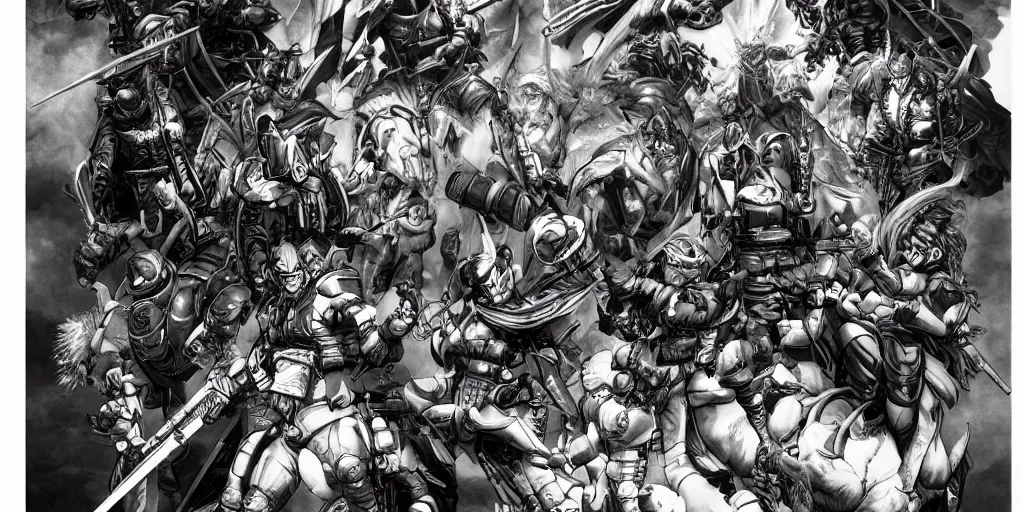 Image similar to Four horsemen of the apocalypse by masamune shirow, vivid, very detailed, matte, cinematic, CGSociety