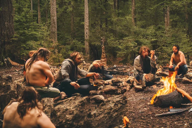 Image similar to sigma 8 5 mm, photo, neanderthal people eating sushi, surrounded by dinosaurs!, gigantic forest trees, sitting on rocks, bonfire, close up camera on bonfire level