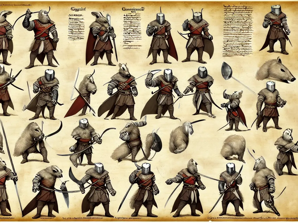 Prompt: character design sheet for a group of heroic badger knights on a parchment background, redwall, greg rutowski and jean baptiste monge, very very detailed, epic fantasy concept art