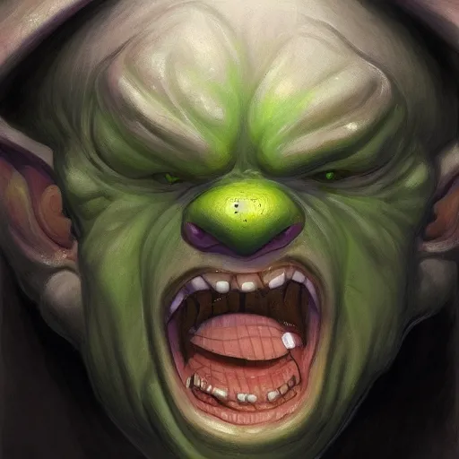 Image similar to portrait of a goblin with a big bulbous nose, long ears, black slick hair, a white clouded eye and a scar, wicked smile, concept character in the style of boris vallejo and jeff easley, trending on artstation, dnd