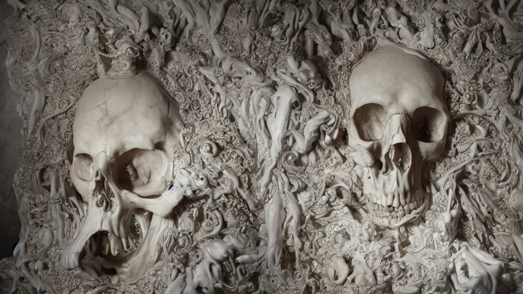 Image similar to skull of mystery, an epic sculpture made of marble and ivory, by gustave dore, by emil melmoth, by alphonse mucha, hell, sculpture standing on in a large studio space, monumental, epic, rococo, generative, detailed, intricate, volumetric lighting, realistic, octane render, 2 0 % pearlescent detailing