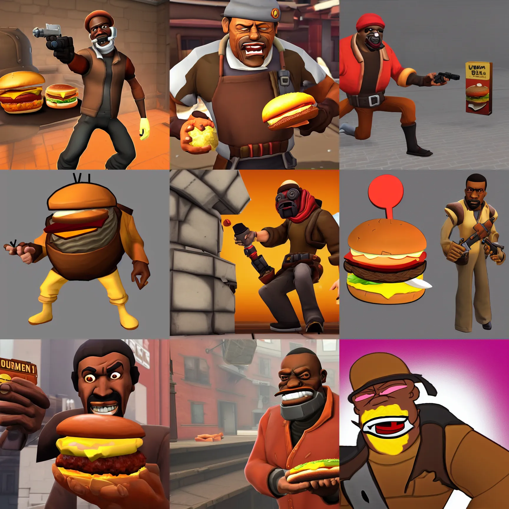 Prompt: the demoman from tf 2 offering a hamburger