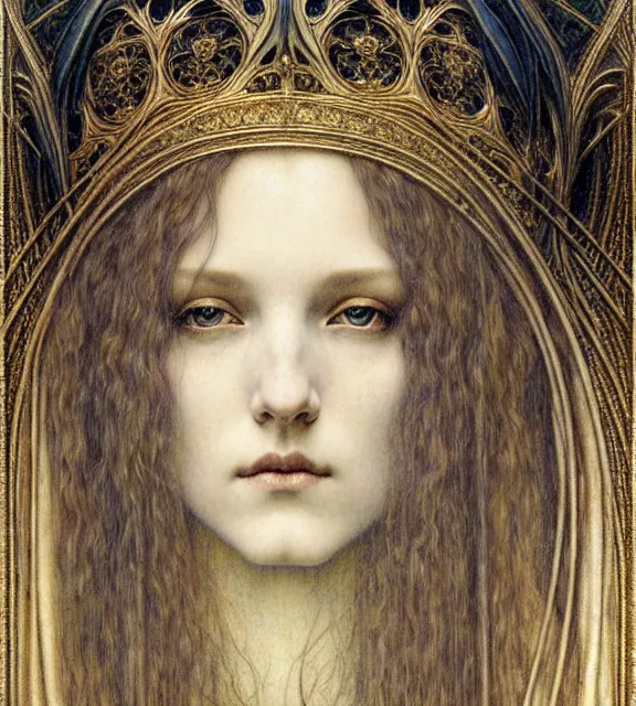 Image similar to detailed realistic beautiful young medieval queen face portrait by jean delville, gustave dore and marco mazzoni, art nouveau, symbolist, visionary, gothic, pre - raphaelite. horizontal symmetry