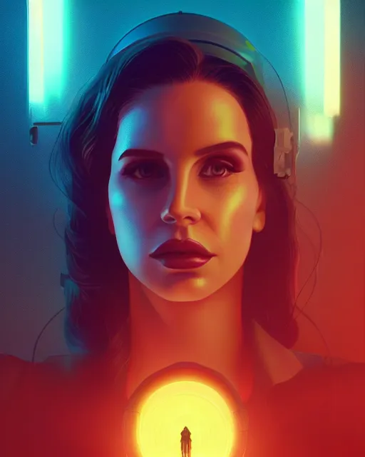 Image similar to portrait of Lana Del Rey as a cyborg. intricate abstract. intricate artwork. by Tooth Wu, wlop, beeple, dan mumford. dune by david lynch, octane render, trending on artstation, greg rutkowski very coherent symmetrical artwork. cinematic, hyper realism, high detail, octane render, 8k, iridescent accents