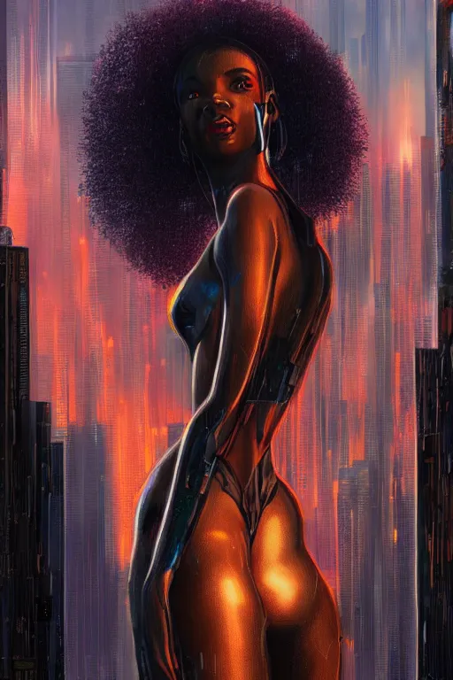 Image similar to a beautiful young Black woman, cyberpunk, Blade Runner city background, highly detailed, 8K, artstation, illustration, art by Gustav Klimt