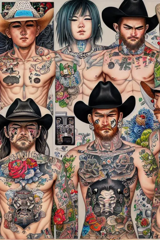 Image similar to full view, from a distance, of cowboys with tattoos, style of yoshii chie and hikari shimoda, highly detailed